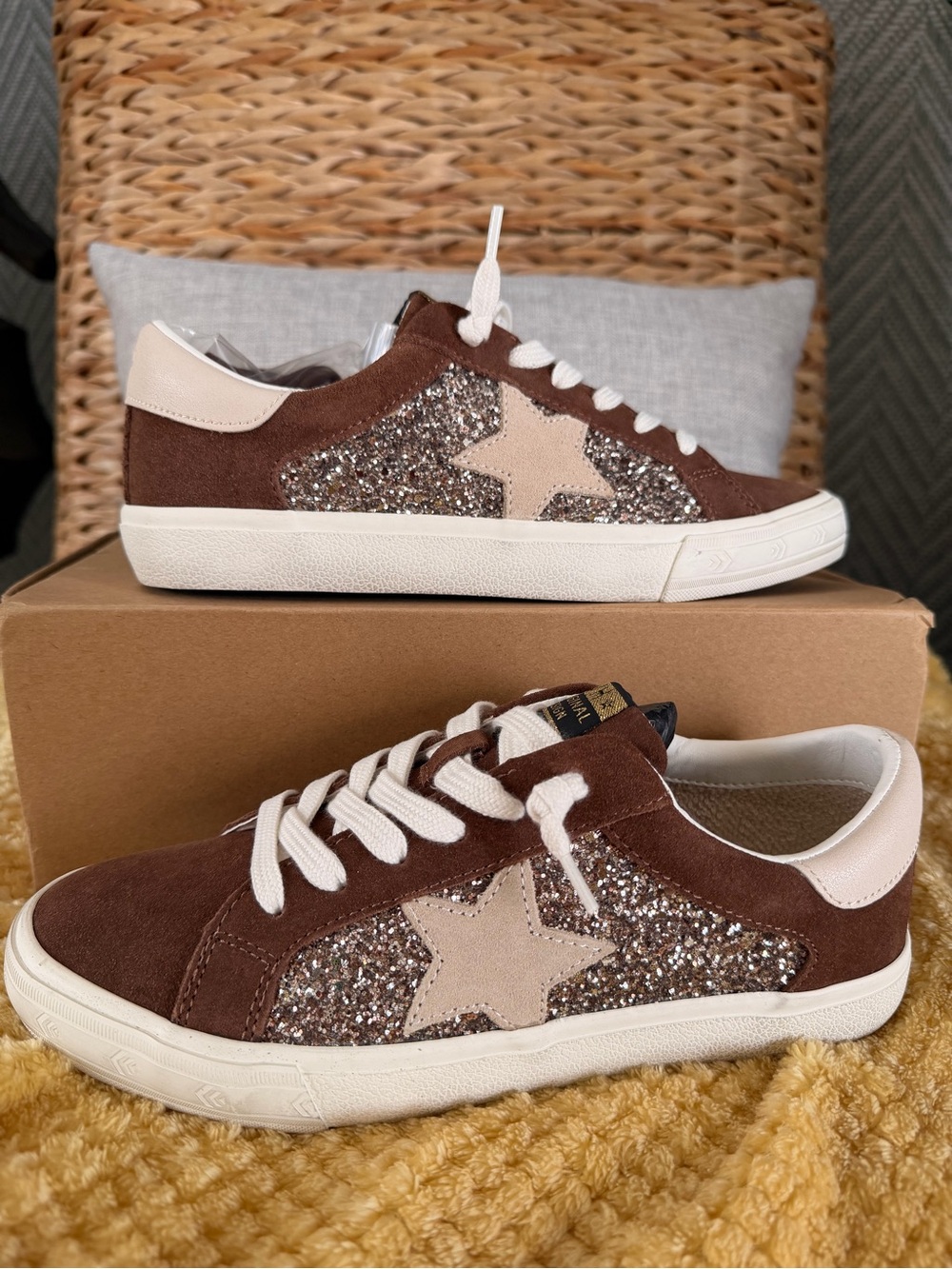 Vintage Havana Brown Glitter Star Sneakers with Cream Accents